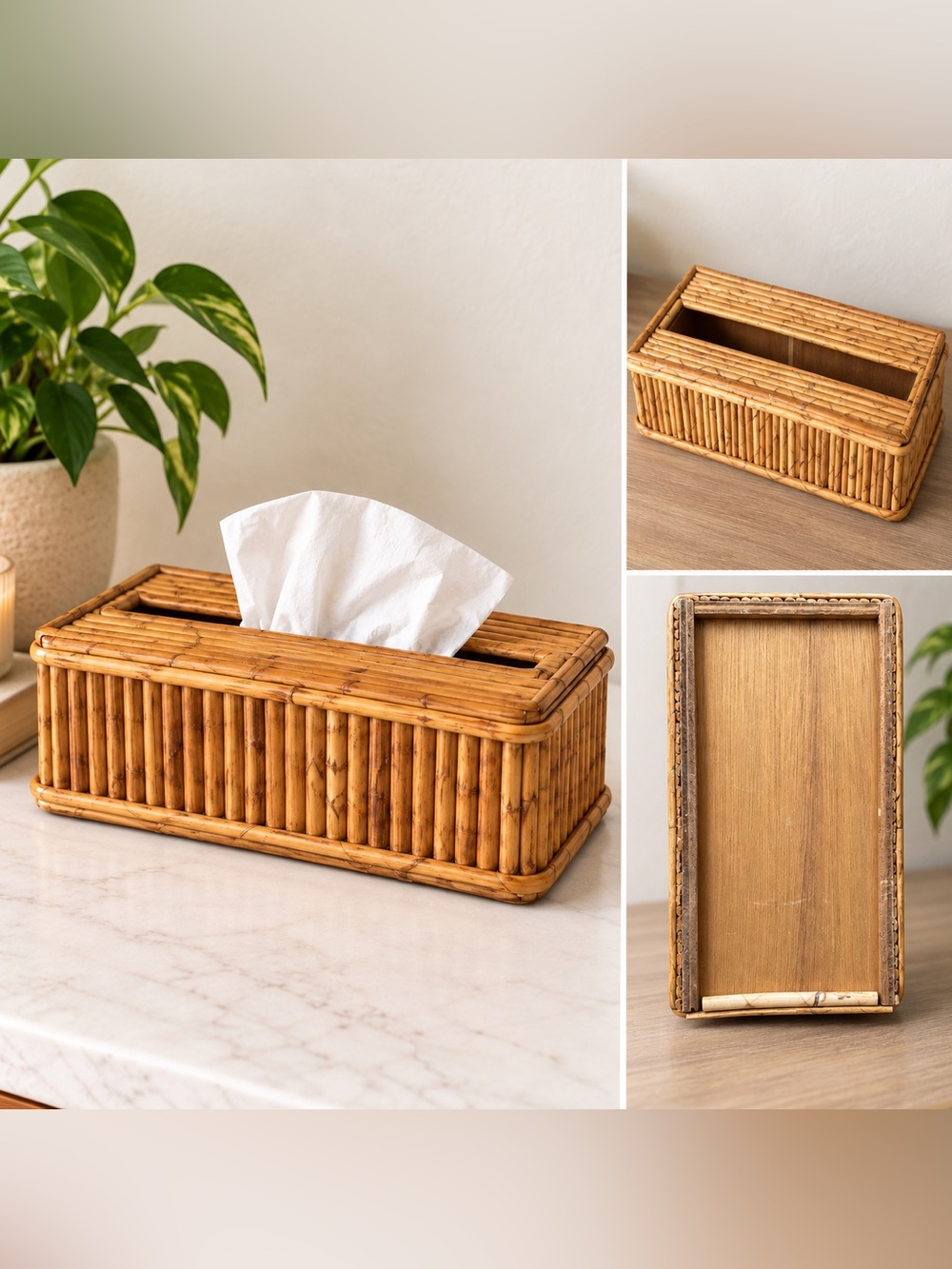Vintage Bamboo Rattan Tissue Box Cover MCM Boho Woven Wood Holder